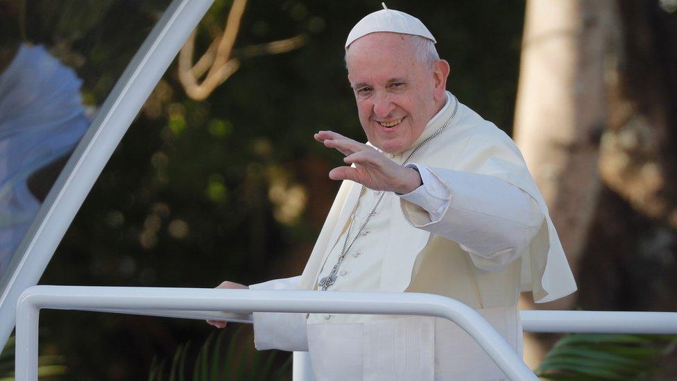 Pope Francis greets people as he departs from Le Sanctuaire du Pere Laval in Port Louis, Mauritius, 09 September 2019