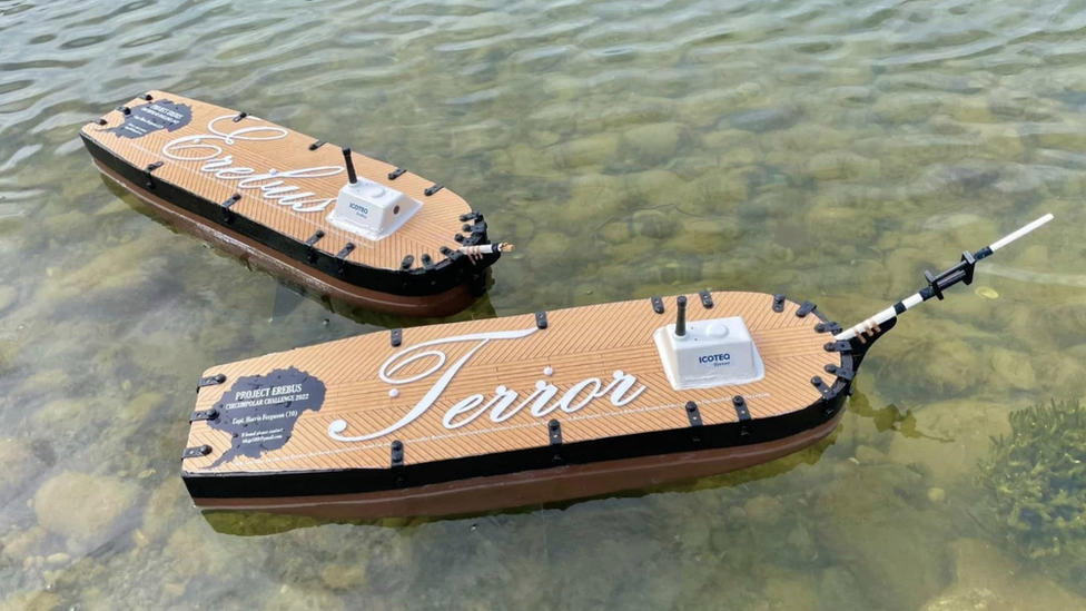 photo of the hulls of replica boats fitted with trackers built by brothers, Ollie, 13, and Harry Ferguson, 11,