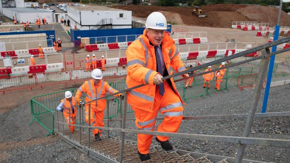 UK Prime Minister Boris Johnson visits the HS2 Solihull Interchange building site