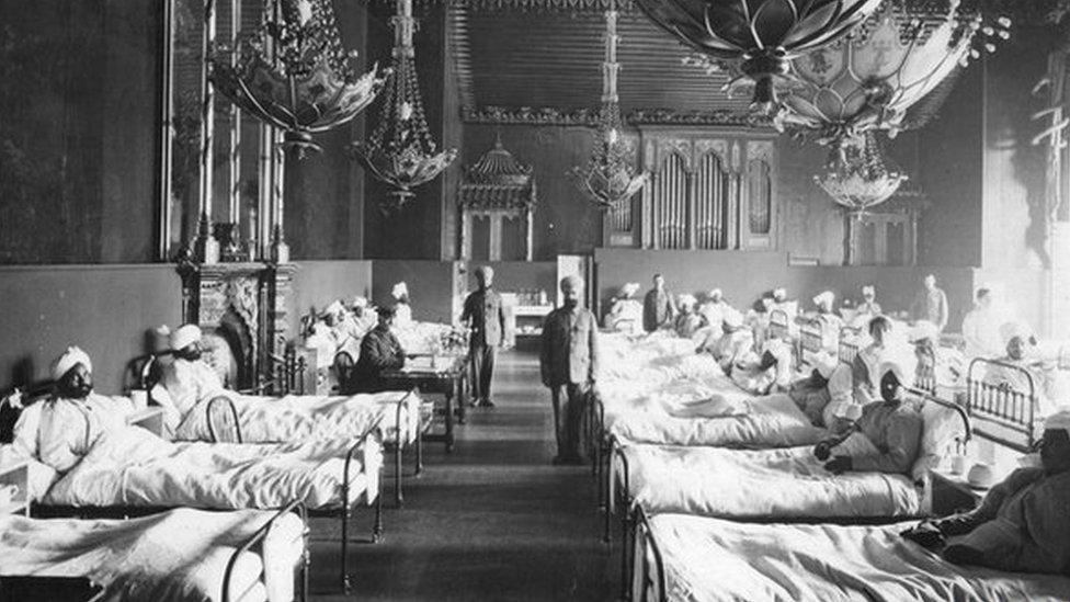 Injured Indian soldiers of the British Army at the Brighton Pavilion, converted into a military hospital