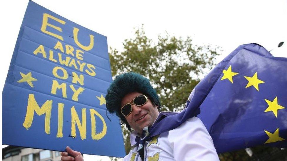 A man dressed as Elvis Presley stands with a pro-Europe placard as people gathered for a March for Europe