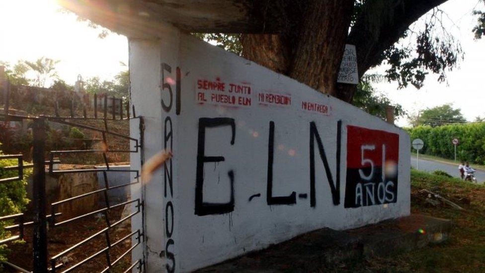 A mural painted with the initials by guerrilla of Colombian Army of Liberation (ELN) in the urban zone of El Palo, department of Cauca, Colombia (03 February 2016)