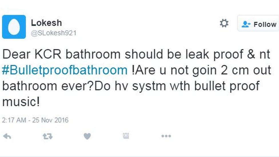 Dear KCR bathroom should be leak proof & nt #Bulletproofbathroom !Are u not goin 2 cm out bathroom ever?Do hv systm wth bullet proof music!