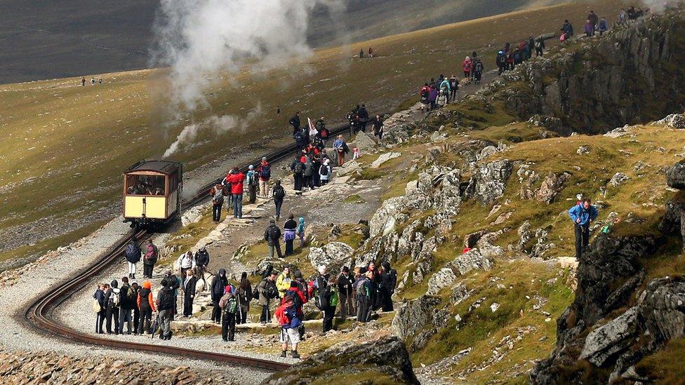 Snowdon Mountain Railway and walkers