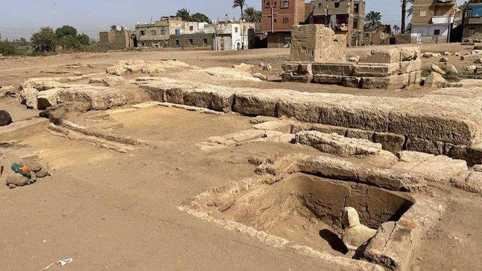 Area of excavation work where a Sphynx statue was unearthed at the eastern side of Dendara Temple in Qena governorate, Egypt.