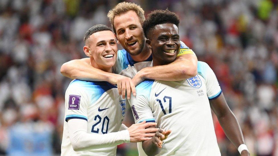 Foden, Kane and Saka celebrating together