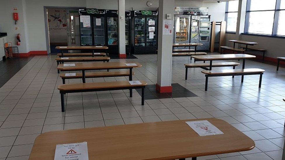 Canteen with social distancing signs