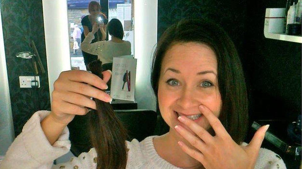 Rowena Kincaid after having her long hair cut off to send to the Little Princess Trust to make a wig