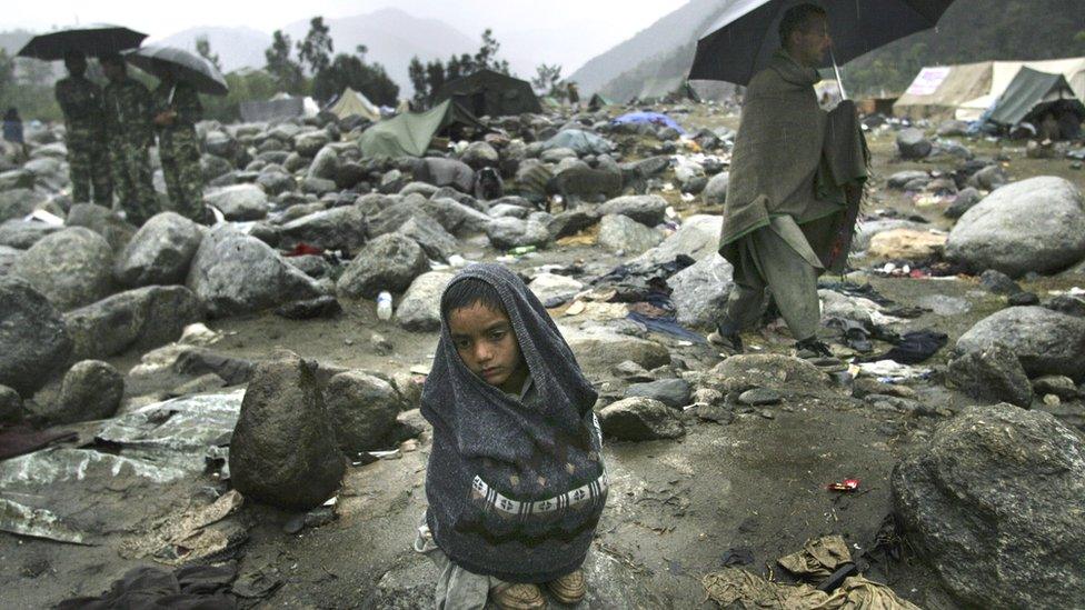 Earthquake survivor at a refugee camp in Balakot on 15 October 2005