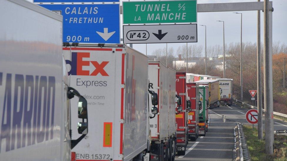 Lorries backed up on the A16 highway between Dunkirk and Calais on 4 March