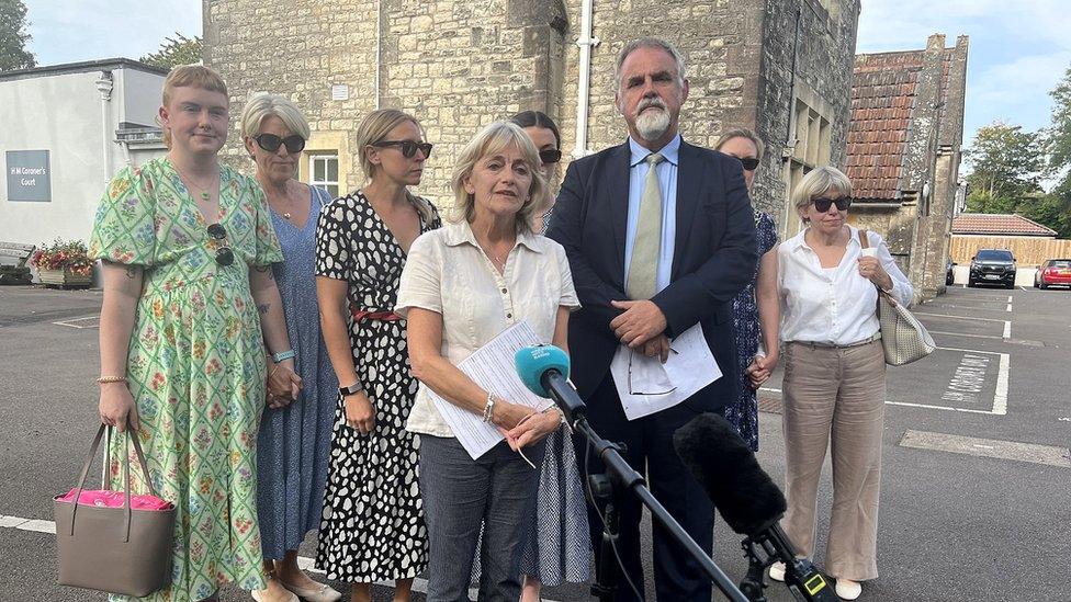 The family of Maddy Lawrence stand in a group outside Avon Coroner's Court