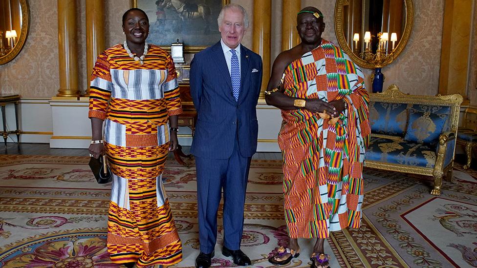 King Charles III receives His Majesty Otumfuo Osei Tutu II, Asantehene, King of the Ashanti Kingdom and Lady Julia Osei Tutu, during an audience at Buckingham Palace on May 4, 2023 in London, England