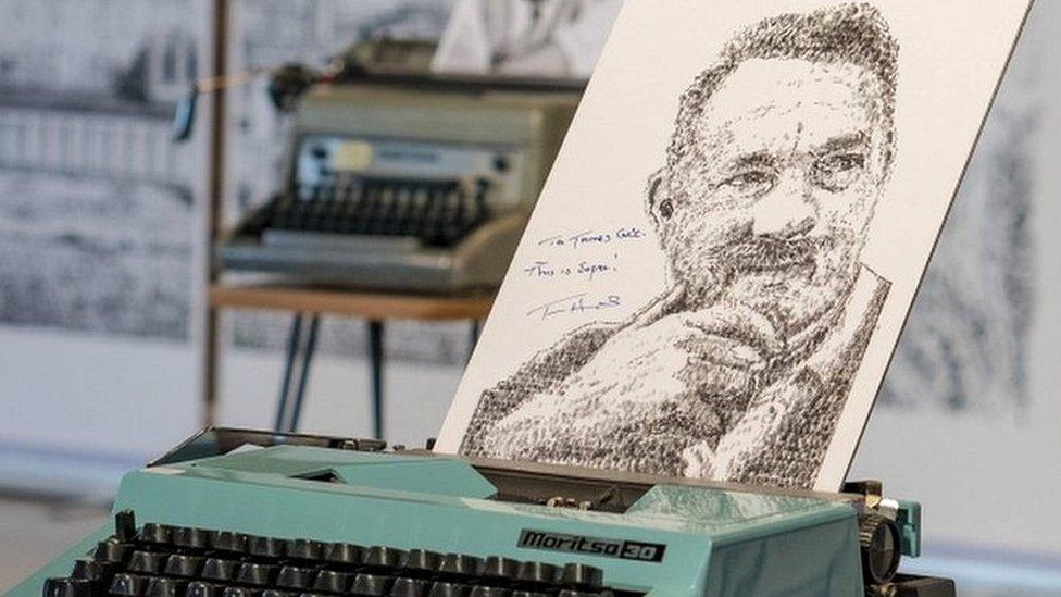 Typewriter art portrait of Tom Hanks