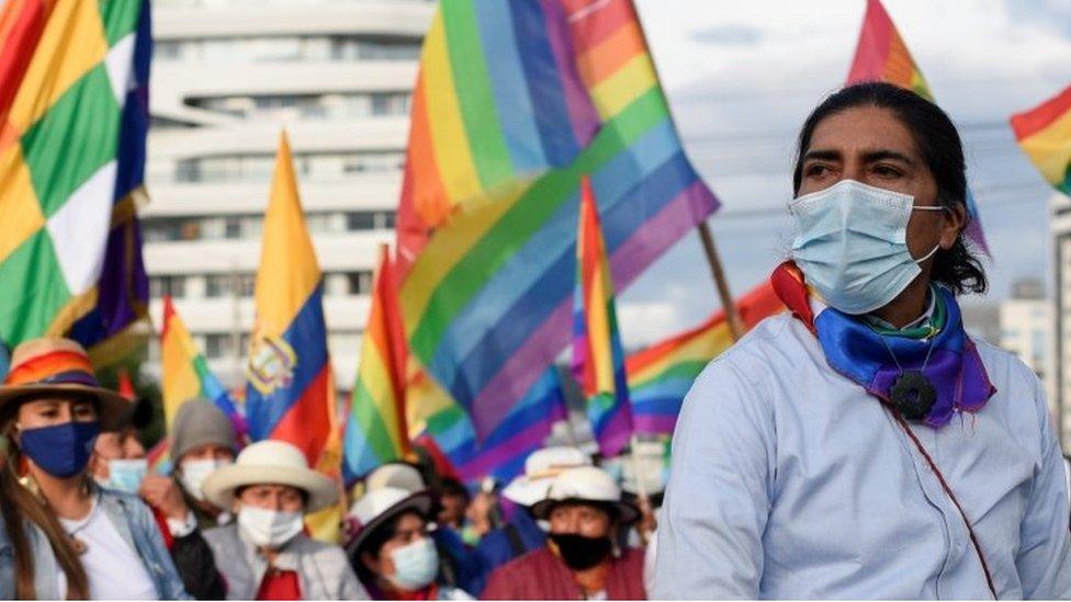 Ecuador's presidential candidate Yaku Pérez marches to the prosecutor's office in Quito, on 23 February 2021