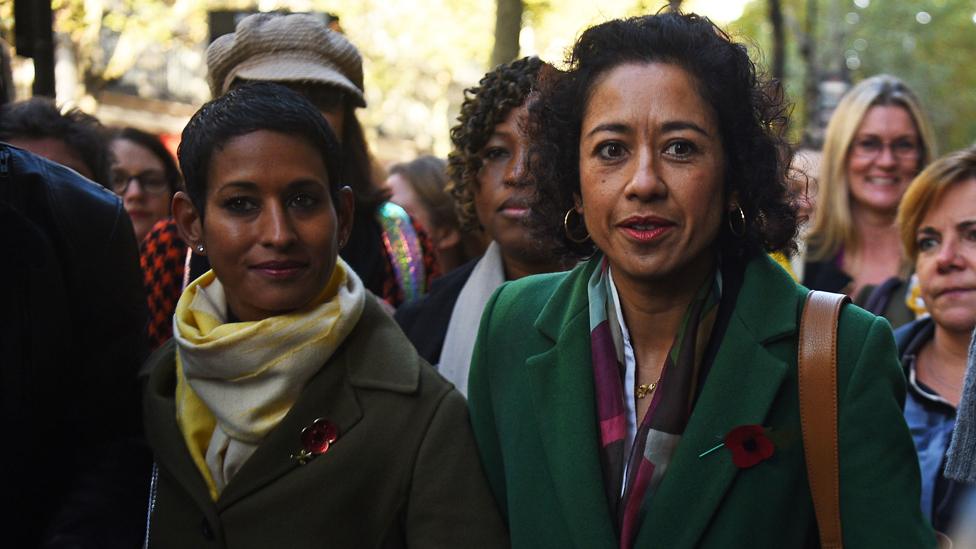 Samira Ahmed (r) and fellow BBC presenter Naga Munchetty arrive at the employment tribunal at Victory House, London on Monday morning.