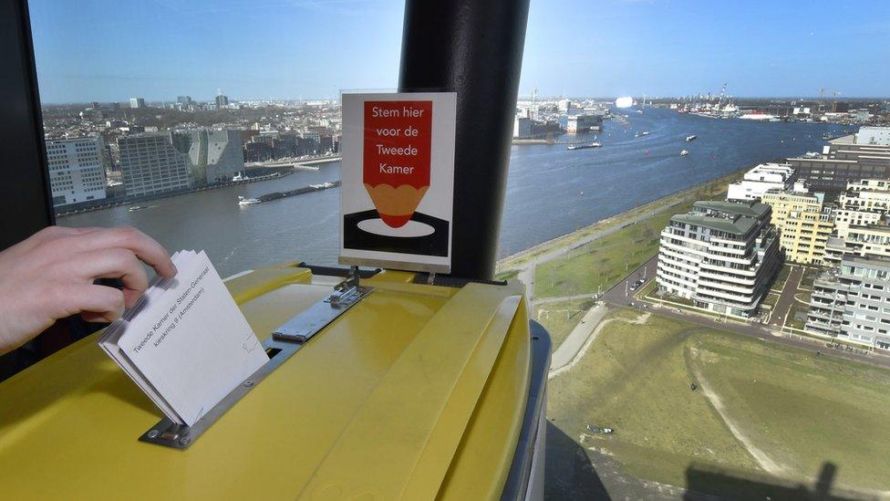 People casts their vote for the Dutch general election in a polling station on the twentieth floor of The A'dam Tower in Amsterdam, Netherlands, 15 March