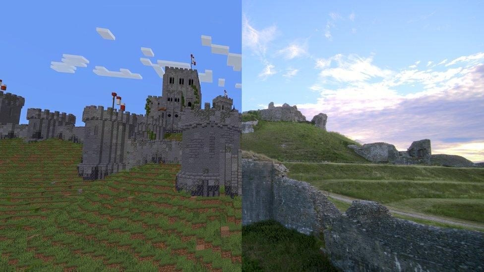 Split image of Minecraft version and photo of real ruins.