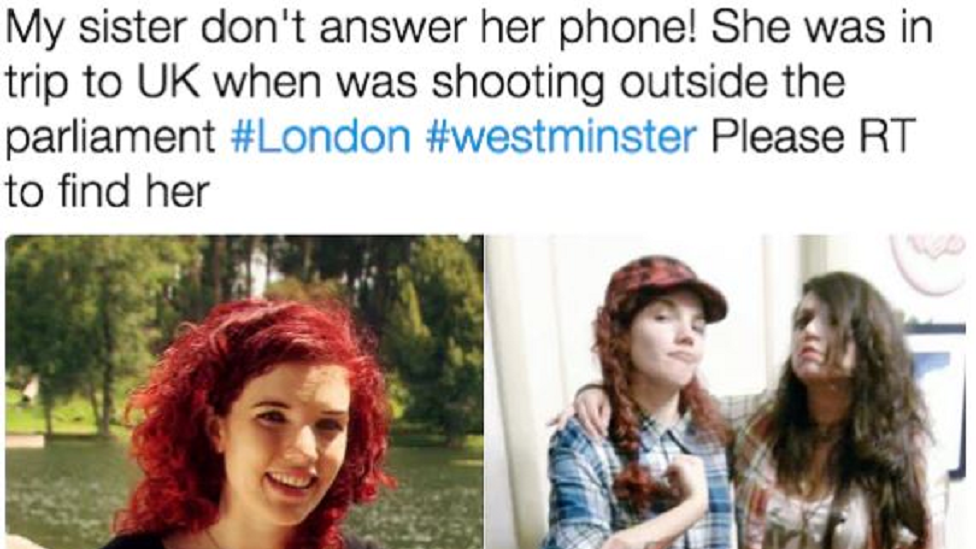 A photo of Tamara de Anda and a fake message claiming that she is someone's sister who has been caught up in the Westminster terror attack.