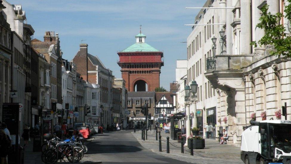 Colchester High Street and "Jumbo" water tower