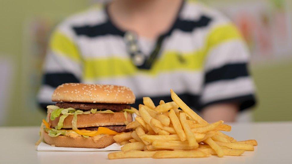 Child eating burger and fries