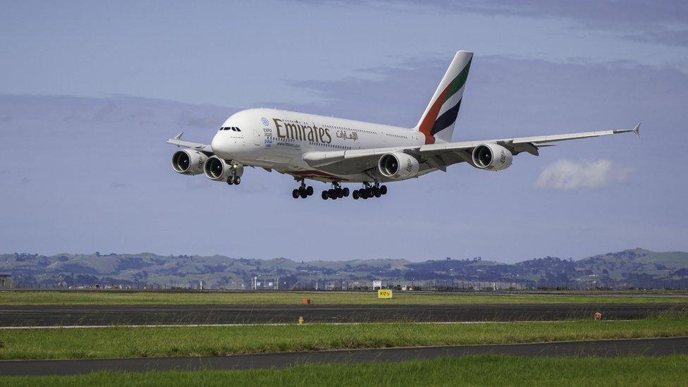 Emirates Airbus A380 touches down in Auckland, New Zealand