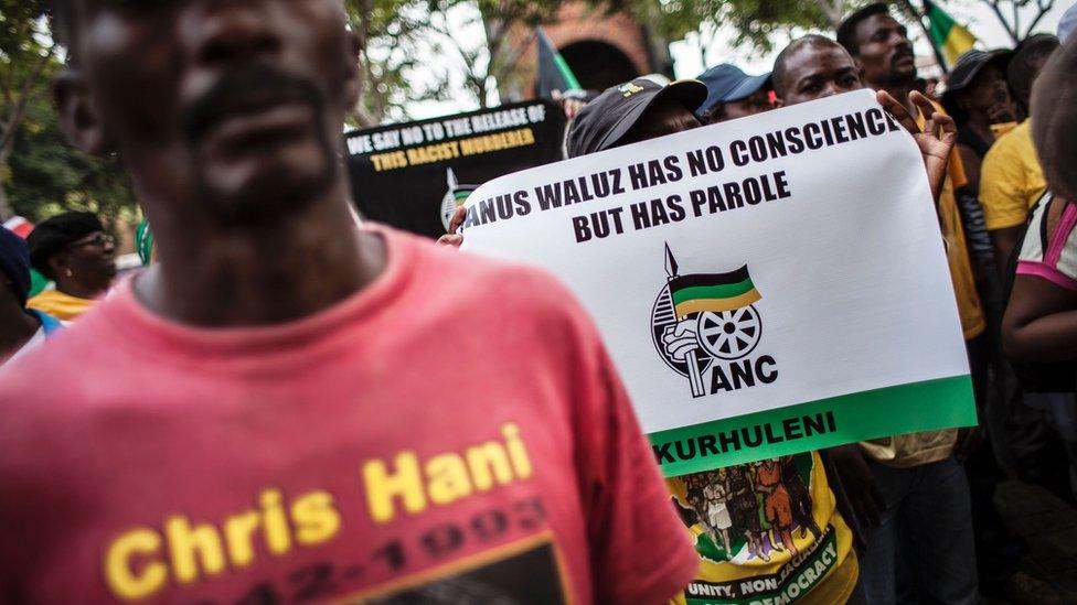 Members of the African National Congress (ANC) demonstrate outside the Constitutional Court in protest over the parole granted to Janusz Walus, the killer of the anti-apartheid hero Chris Hani