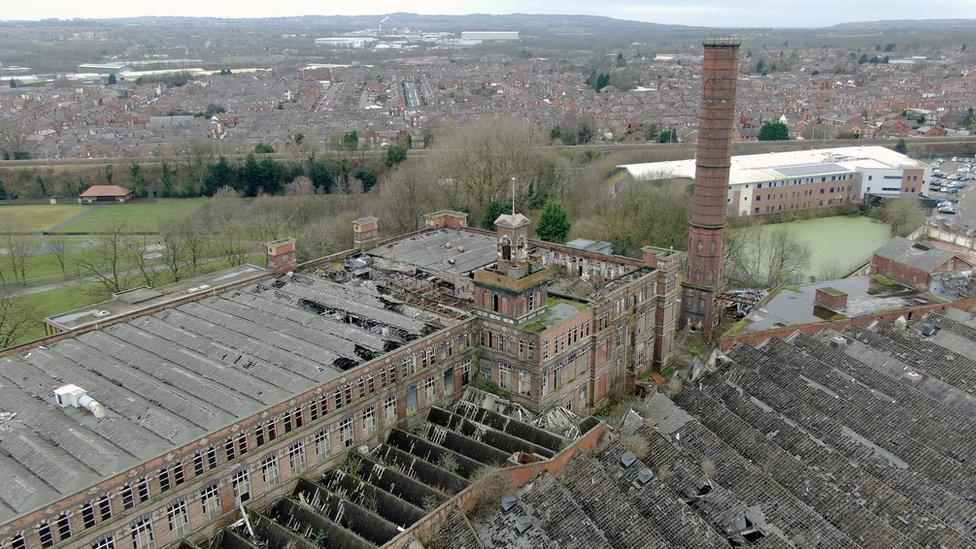 Aerial shot of disused Pagefield Mill, Wigan