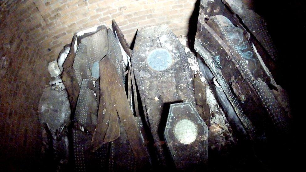 Coffins inside a tomb at Gloucester Cathedral