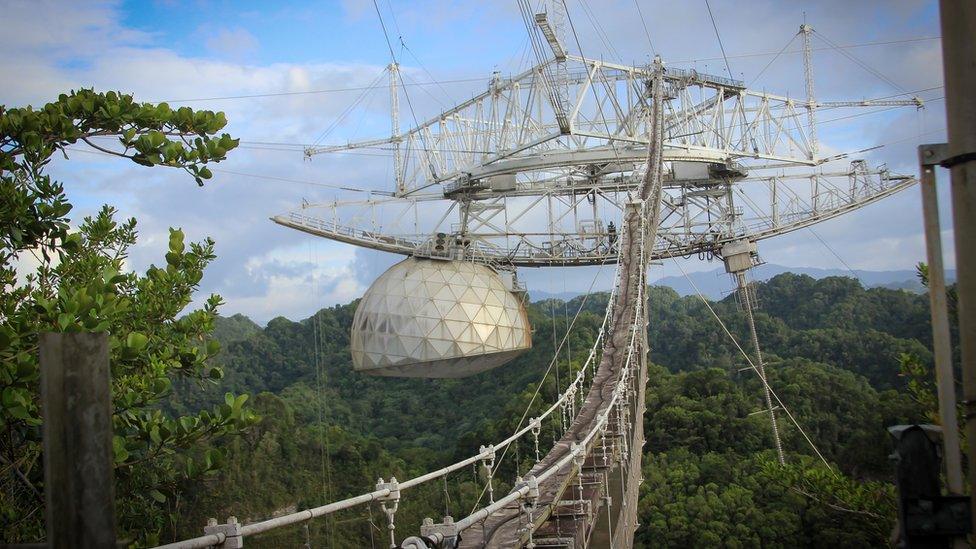 The beam-steering mechanism, above the telescope, focuses incoming radio waves