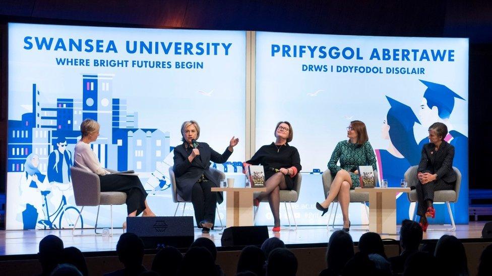 Hillary Clinton leads a panel at Swansea University