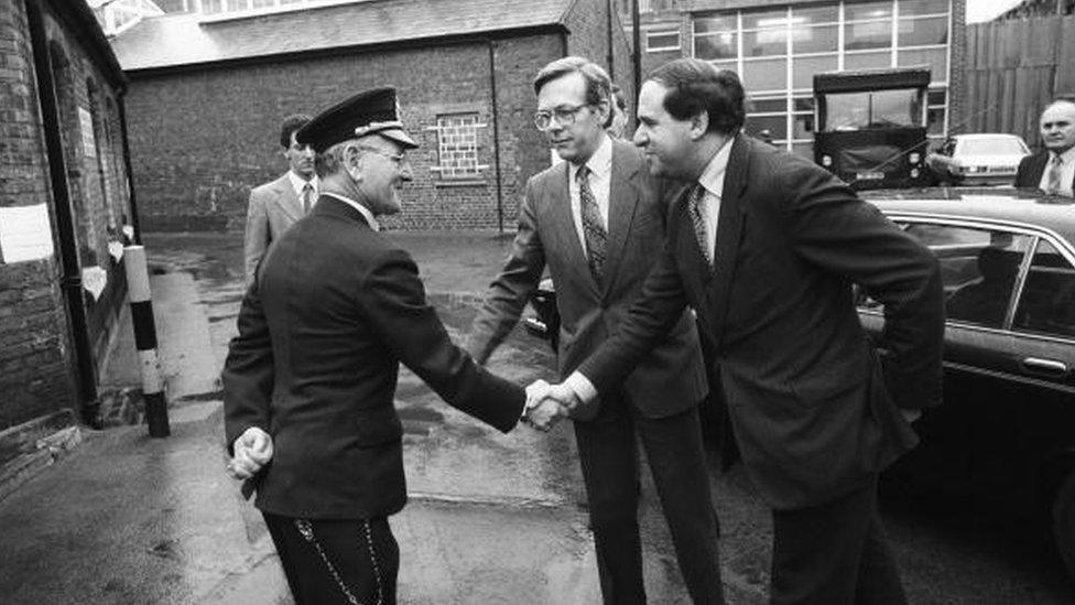 Home Secretary Leon Brittan visits a prison in 1984