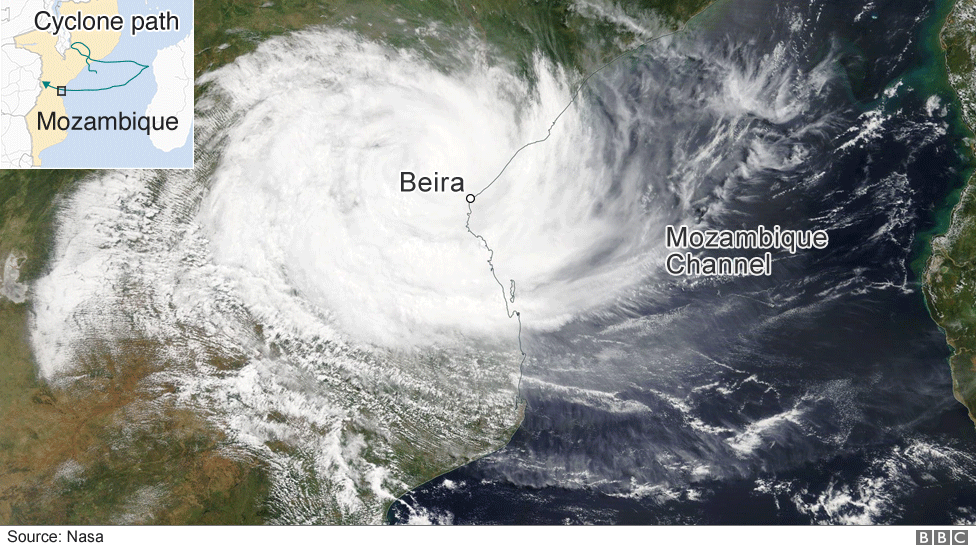 Satellite image of Cyclone Idai as it hit the coast of Mozambique