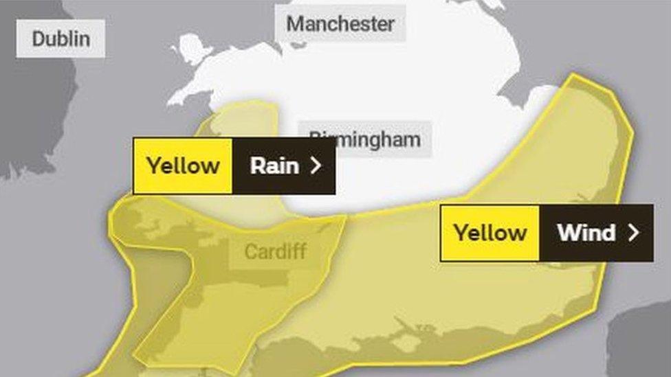 Map showing the weather warning