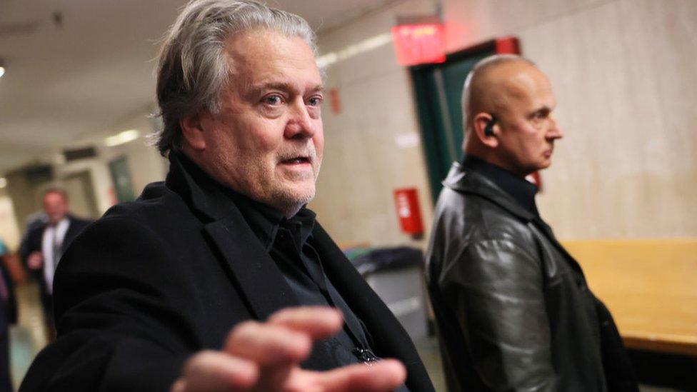 Steve Bannon, former advisor to President Donald Trump, points as he speaks after leaving a court appearance at NYS Supreme Court on February 28, 2023 in New York City