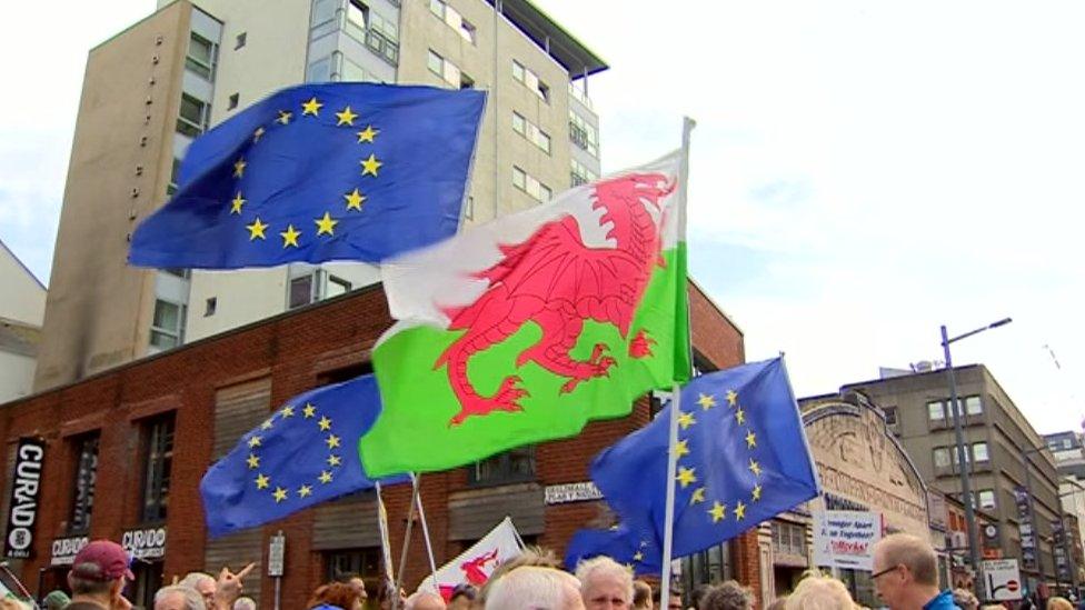 Welsh and EU flags flying in Cardiff