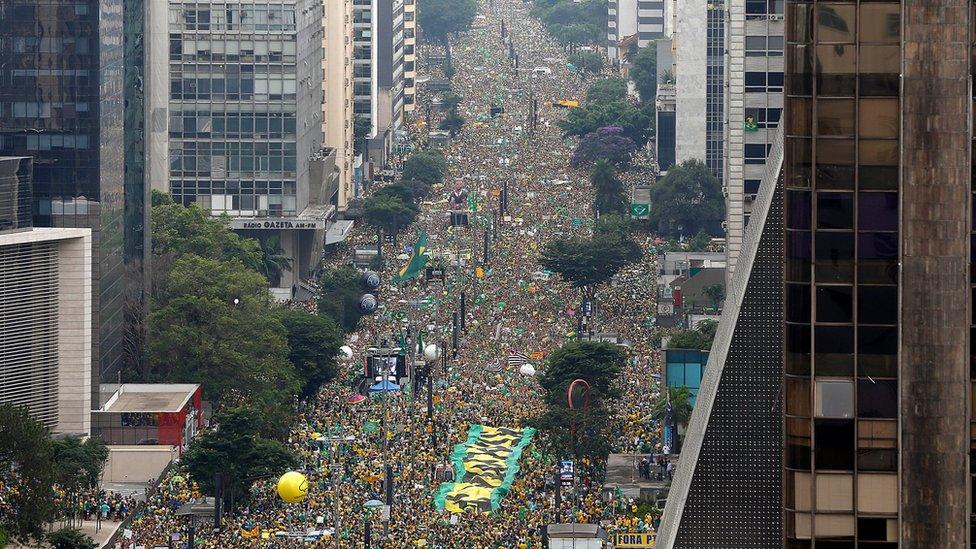 Demonstrators fill Paulista Avenue during a protest demanding the impeachment of Brazil"s President Dilma Rousseff in Sao Paulo on 13 March