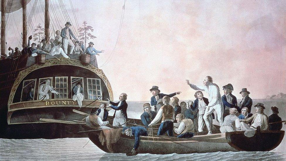 Painting by Robert Dodd depicting Capt Bligh, his crewmen and HMS Bounty