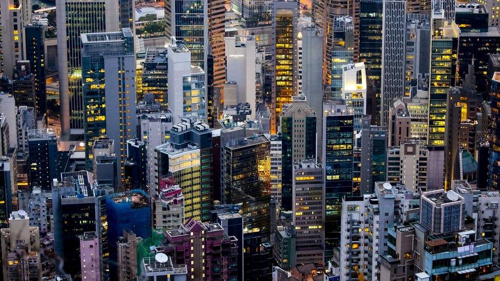 View of the "concrete jungle" that constitutes the entanglement of buildings on February 27, 2018 in Hong-Kong, China.