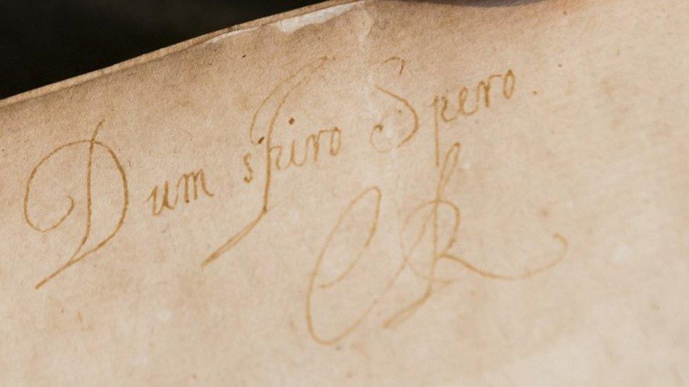 Shakespeare's Second Folio inscribed by King Charles I with the Latin words Dum Spiro Spero