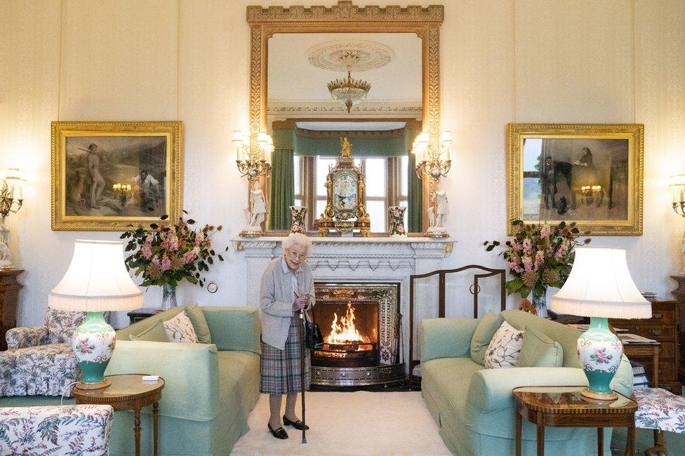 Queen Elizabeth II waits in the Drawing Room before receiving Liz Truss for an audience at Balmoral, Scotland