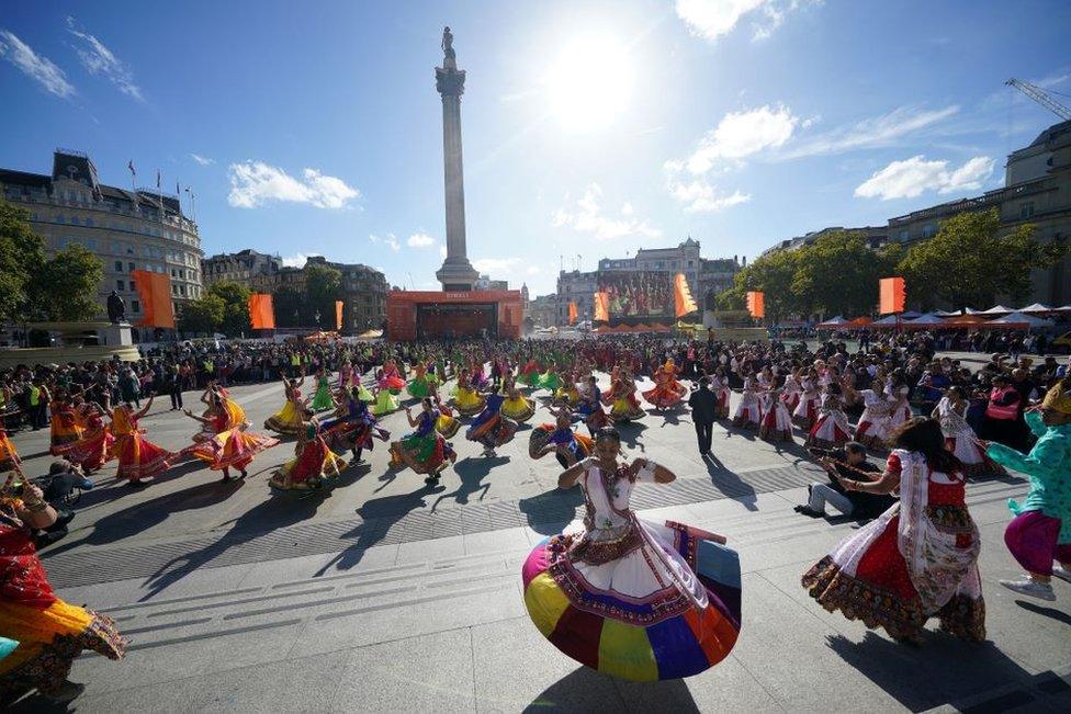 Dancers perform during the Diwali on the Square celebration, in Trafalgar Square,