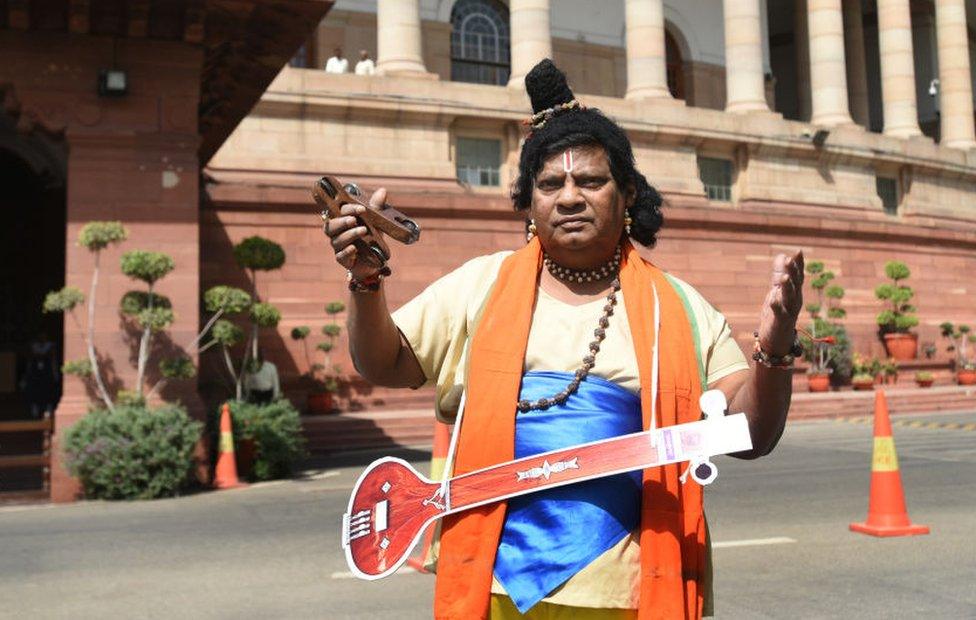 Mr Sivaprasad attends parliament dressed as Narad, a Hindu mythological character on 28 March 2018 in Delhi.