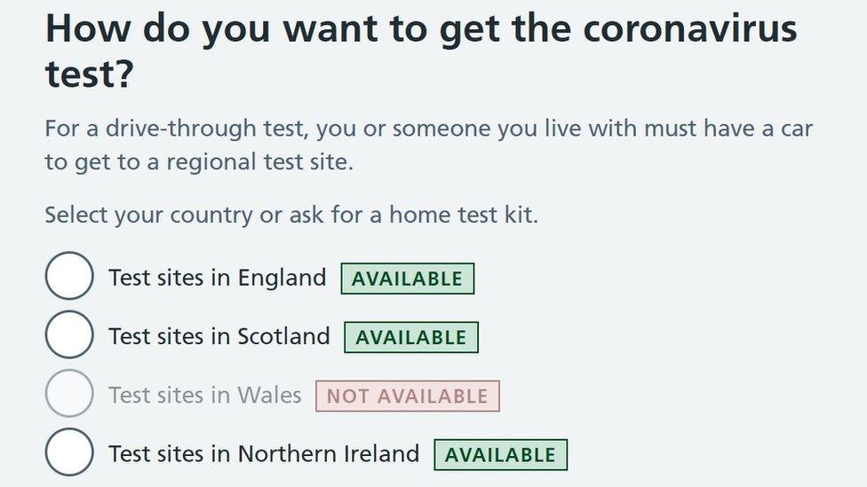 Screenshot of NHS coronavirus test booking portal