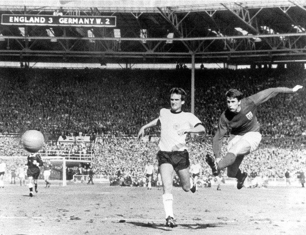 Geoff Hurst scores England's fourth goal in the World Cup final in 1966