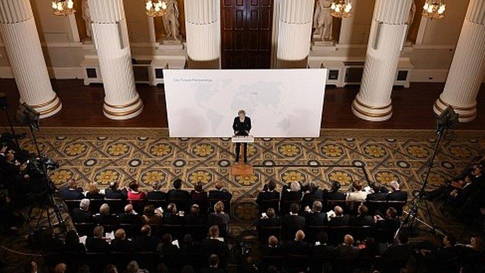 Aerial view of Theresa May speaking in London