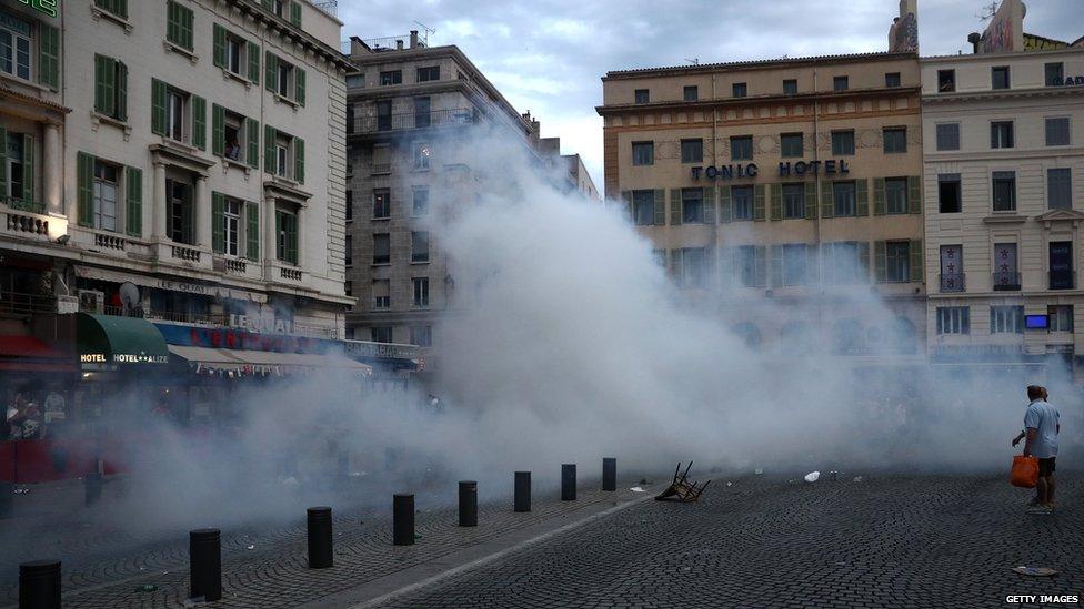 A group of England fans in Marseille have had tear gas used on them by French police for a second night running.