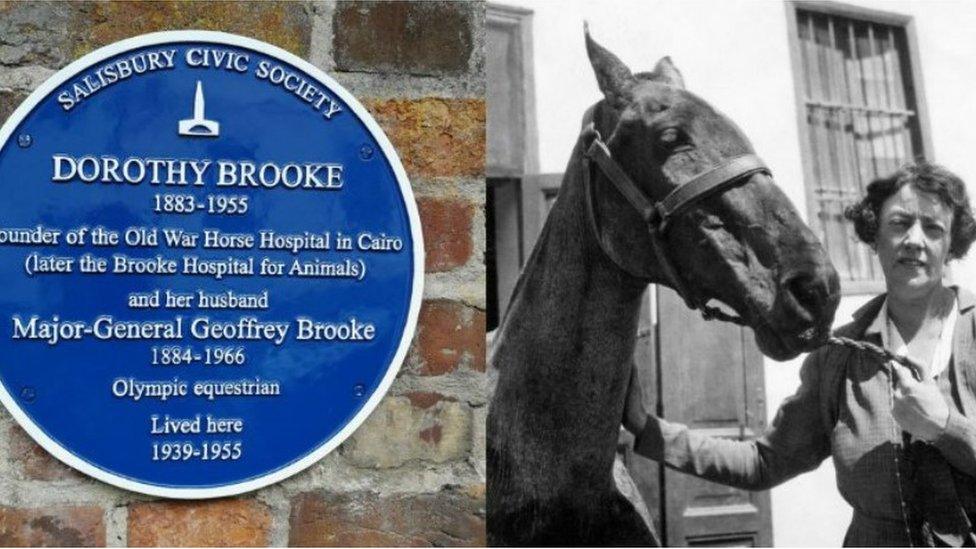 A blue plaque and a black and white photo of Dorothy Brooke with a horse