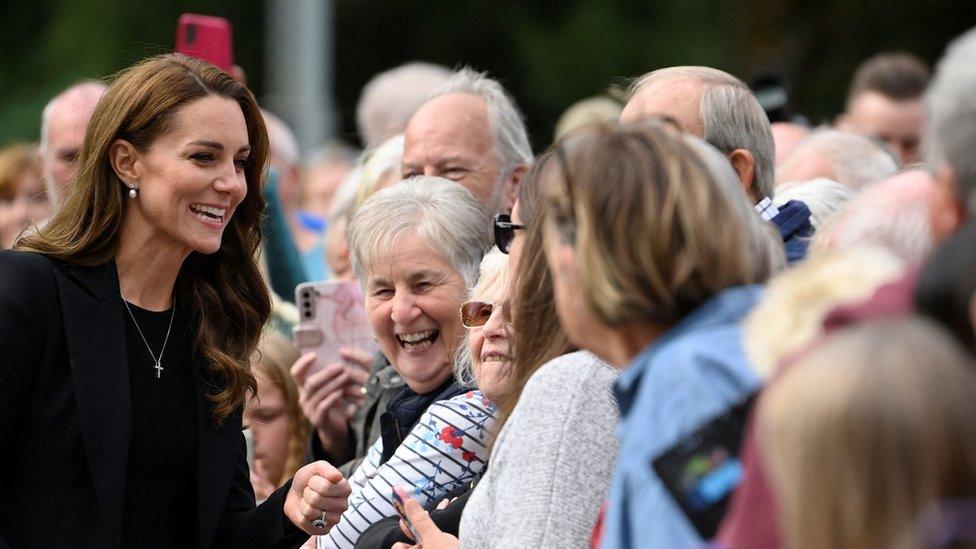 The Princess of Wales meeting well-wishers as she views flowers left by members of the public at the gates of Sandringham House, following the death of Queen Elizabeth II in September 2022.