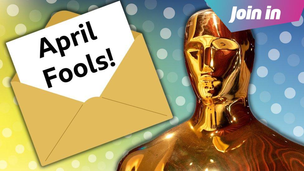 oscar trophy and april fool card