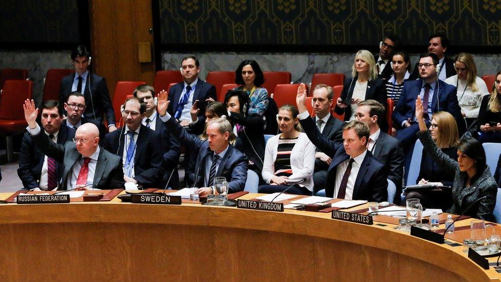 Members of the United Nations Security Council vote for ceasefire to Syrian bombing in eastern Ghouta, at the United Nations headquarters in New York, U.S., February 24, 2018